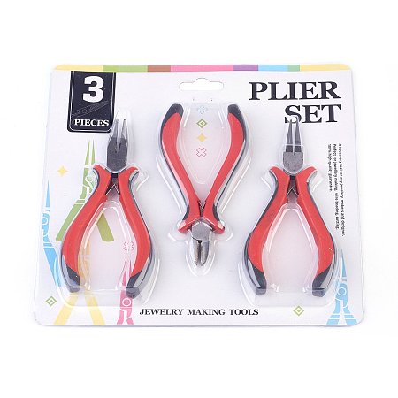 NBEADS 3-Piece Stainless Iron Jewelry Tool Sets Round Nose Pliers Wire-Cutter Pliers and Side-Cutting Pliers Red 110~127mm Long About 287g