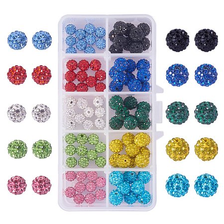 NBEADS 100pcs 8mm 10mm 10 Colors Pave Czech Crystal Rhinestone Disco Ball Clay Spacer Beads, Round Polymer Clay Charms Beads for Shamballa Jewelry Making