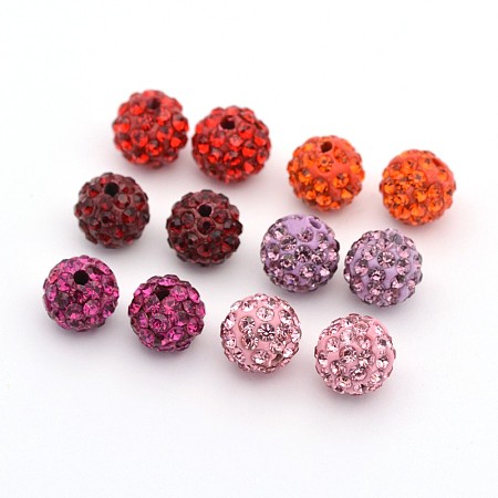Round Pave Disco Ball Polymer Clay Rhinestone Beads, Mixed Color, 10mm, Hole: 1.5mm, 6pcs/set