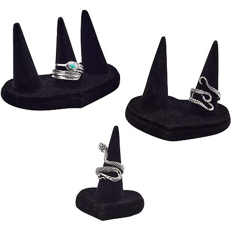 arricraft 3 Pcs Finger Ring Display Stands, Black Flocking Showcase Display Stands Finger Cone Jewelry Tray for Ring Storage