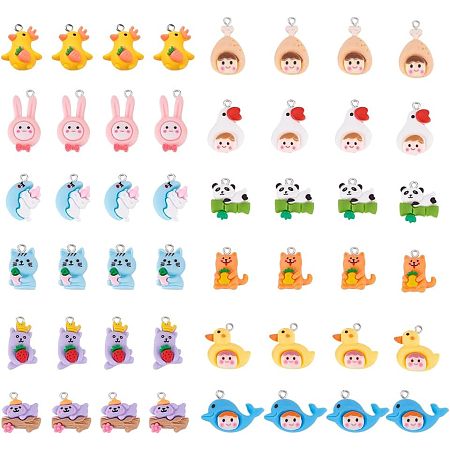 DICOSMETIC 48Pcs 12 Styles Resin Animal Charms Opaque Resin Pendants Resin Flatback Charm Rabbit/Dolphin/Duck/Goose/Dog/Panda/Koala/Cat Resin Charms for DIY Jewelry Crafts, Hole: 1.8-2mm
