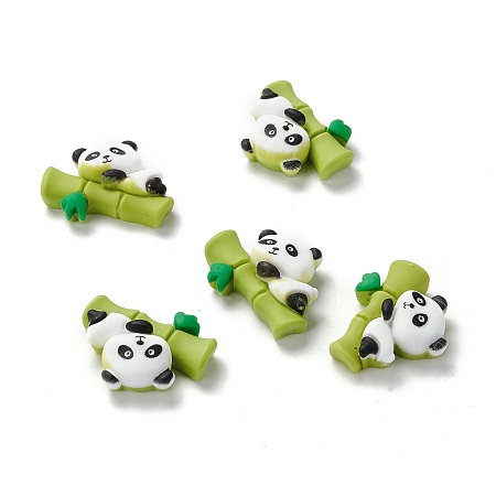Honeyhandy Opaque Resin Cabochons, Cartoon Style, Panda on Bamboo, Yellow Green, 20x25x8mm