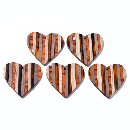 ARRICRAFT Stripe Resin & Walnut Wood Pendants, Heart, Dark Orange, 37.5x39x3.5mm, Hole: 2mm