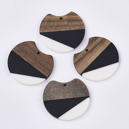 Honeyhandy Two Tone Resin & Walnut Wood Pendants, Gap Flat Round, Black, 33~34x37x3~4mm, Hole: 1.8~2mm