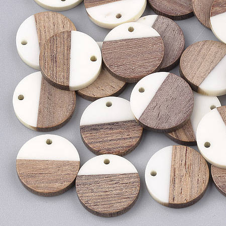 Honeyhandy Resin & Walnut Wood Pendants, Flat Round, White, 18x3.5mm, Hole: 1.5mm