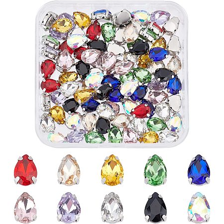 AHANDMAKER 100 Pcs Teardrop Sew on Rhinestone, 10 Colors Crystals Rhinestones Acrylic Diamond with Silver Prong Hole Flatback Claw for Clothes Dress Earring Belt