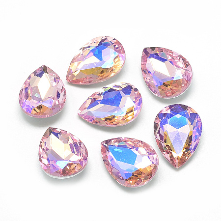 Honeyhandy Pointed Back Glass Rhinestone Cabochons, Back Plated, Faceted, AB Color Plated, teardrop, Pearl Pink, 14x10x5mm