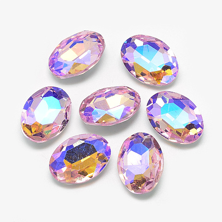 Honeyhandy Pointed Back Glass Rhinestone Cabochons, Back Plated, Faceted, AB Color Plated, Oval, Pearl Pink, 14x10x4.5mm