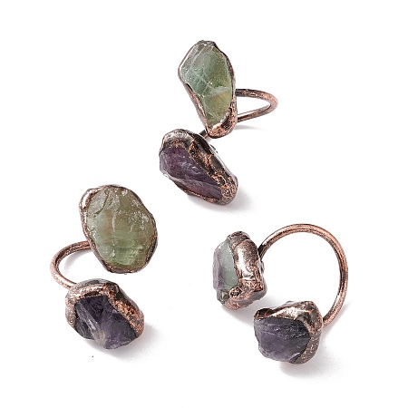 Honeyhandy Natural Fluorite & Amethyst Irregular Nugget Open Cuff Ring, Red Copper Brass Chunky Ring for Women, Cadmium Free & Lead Free, US Size 12 3/4(22mm)