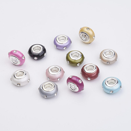 Honeyhandy Resin European Beads, with Brass Core and Rhinestones, Rondelle, Large Hole Beads, Platinum, Mixed Color, 14x8mm, Hole: 4.5mm