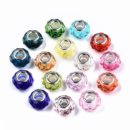 Arricraft Opaque Resin European Beads, Large Hole Beads, Bayberry Beads, with Platinum Tone Brass Double Cores, AB Color, Rondelle, Mixed Color, 14x9.5mm, Hole: 5mm