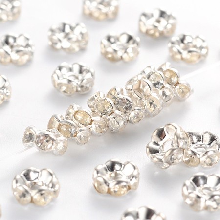 Honeyhandy Brass Rhinestone Spacer Beads, Grade B, Clear, Silver Color Plated, Size: about 6mm in diameter, 3mm thick, hole: 1mm