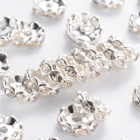 Honeyhandy Brass Rhinestone Spacer Beads, Grade B, Clear, Silver Color Plated, Size: about 10mm in diameter, 4mm thick, hole: 2mm