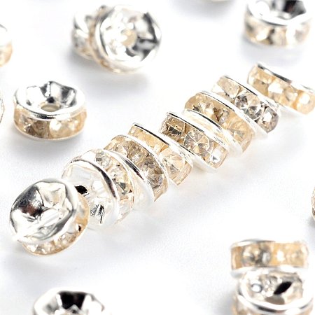 NBEADS 500pcs Grade A Brass Rhinestone Spacer Beads, Clear, Silver Metal Color