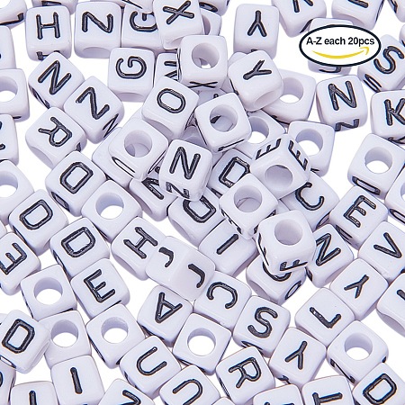 PandaHall Elite Pre-Sorted 6mm Cube Acrylic Letter Beads White Alphabet Pony Beads with Black Letters for Jewelry making, about 520pcs/bag