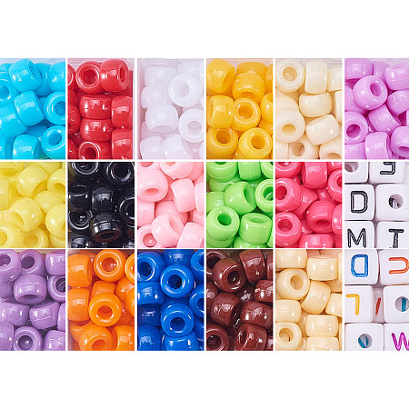 PandaHall Elite 536 Pcs Acrylic Barrel Pony Bead Spacer Beads 9x6mm with Letters Beads Mixed Color