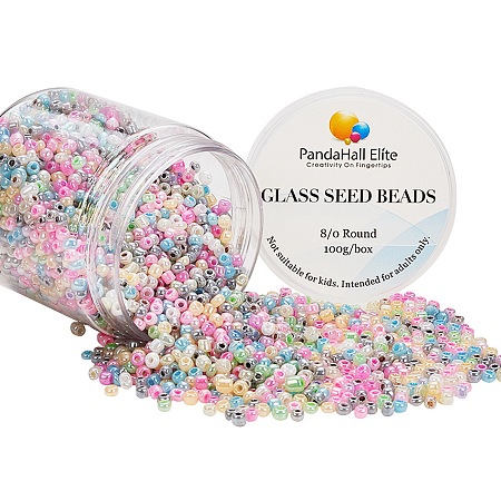 PandaHall Elite 8/0 Glass Seed Beads Multicolor Diameter 3mm Round Pony Bead for Jewelry Making, about 2000pcs/box