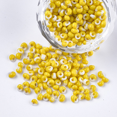 Honeyhandy Glass Seed Beads, Fringe Teardrop Beads, Opaque Colours, Two Tone, Yellow, 3.5~4x2.5~6mm, Hole: 1mm, about 4500pcs/bag