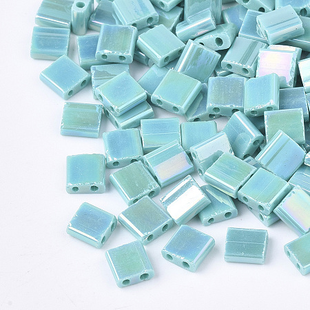 MIYUKI® 2-Hole Glass Seed Beads, Rainbow Plated, Square, MediumTurquoise, 5x4.5~5.5x2~2.5mm, Hole: 0.5~0.8mm