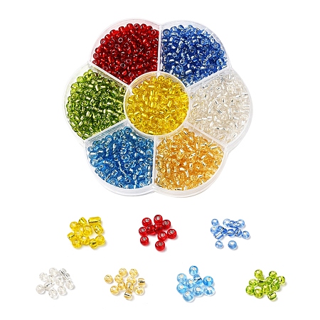 ARRICRAFT 7 Colors Glass Round Seed Beads, Silver Lined Round Hole Beads, Small Craft Beads, for DIY Jewelry Making, Mixed Color, 6/0, 4mm, Hole: 1.5mm, about 100pcs/color, 700pcs/box