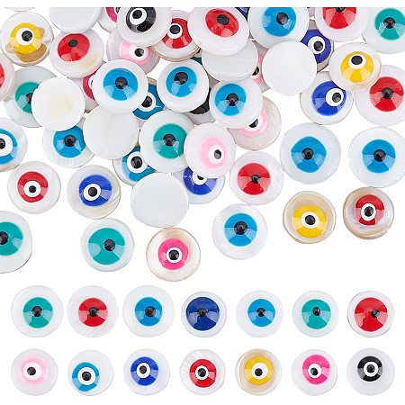 Arricraft 84 Pcs 9 Colors Evil Eye Beads, Natural Freshwater Shell Beads Charms with Enamel, Flat Round Evil Eye Spacer Beads for Necklace Bracelet Jewelry Making, Mixed Size
