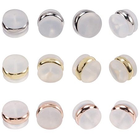 PandaHall Elite 15 Pairs 3 Colors Silicone Ear Nuts, Secure Soft Clear Earring Backs with Brass Accessories for Jewelry Making, 7x5mm (Golden/Platinum/Rose Gold)