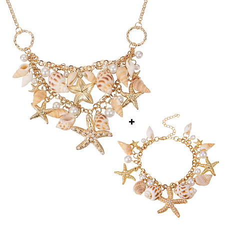 PandaHall Elite Golden Trendy Sea Shell Starfish Charm Bracelets & Bib Necklaces Sets