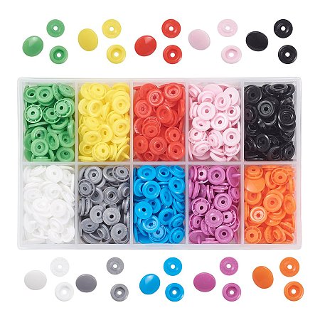 ARRICRAFT Resin Snap Fasteners, Raincoat Buttons, Flat Round, Mixed Color, Cap: 12x6.5mm, Pin: 2mm, Stud: 10.5x3.5mm, Hole: 2mm, Socket: 10.5x3mm, Hole: 2mm, 10colors, 15sets/color, 150sets/box