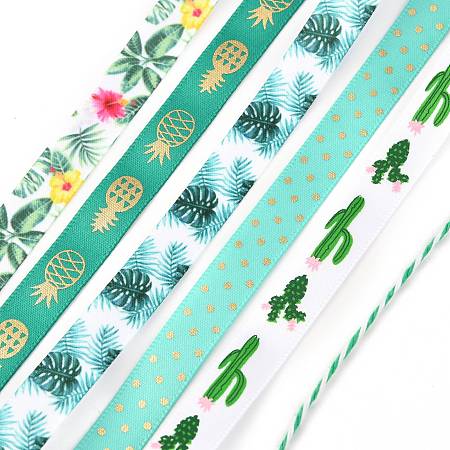 ARRICRAFT 5Rolls Polyester Ribbons, with 1Roll Cotton Cord, for Gift Packaging, Plants Pattern, Green, 3/8 inch(9.7mm); 1m/roll; 6rolls/set