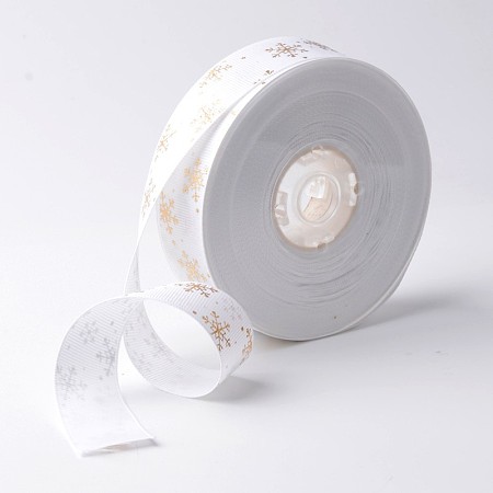 Honeyhandy Golden Snowflake Pattern Printed Polyester Grosgrain Ribbon, for Christmas Gift Packing, White, 1 inch(25mm), about 100yards/roll(91.44m/roll)
