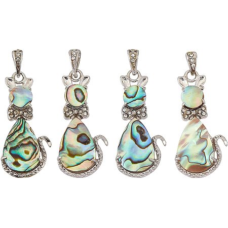 BENECREAT 4 Packs Natural Abalone Shell Pendants Overlay Abalone Shell Charms with Rhinestone Findings for Jewelry Making, Kitten Pattern