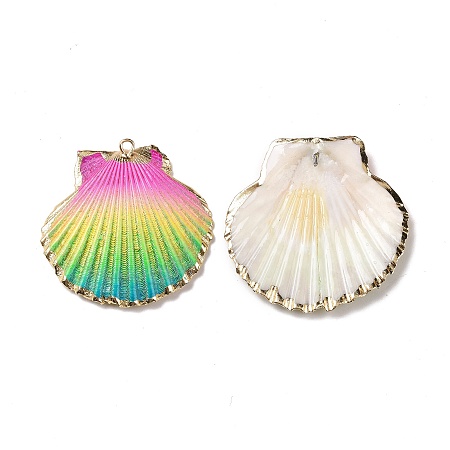 Spray Painted Natural Sea Shell Pendants, with Rack Plating Light Gold Tone Brass Loops, Shell Shape, Colorful, 34.5~38.5x35.5~39x1.5~2mm, Hole: 1.8mm