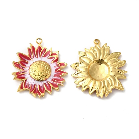 Real 18K Gold Plated 304 Stainless Steel Pendants, with Enamel, Flower Charm, Crimson, 23.5x20.5x3mm, Hole: 1.4mm