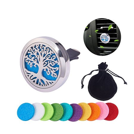 BENECREAT Tree of Life Car Air Freshener Aromatherapy Essential Oil Diffuser Stainless Steel Locket With Vent Clip with 10 Washable Felt Pads