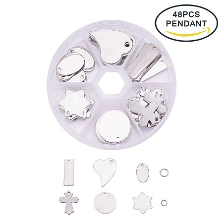BENECREAT 48PCS Stainless Steel Blank Stamping Tag Mixed Shape Charm Pendants and 80PCS Jump Rings for Bracelet Necklace Earring Making