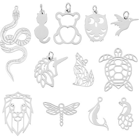 DICOSMETIC 24pcs 12 Styles Stainless Steel Laser Cut Animal Charms Peacock Charms Unicorn Pendants Dolphin/Sea Turtle Pendants Wolf/Lion Charms Filigree Joiners Links for Jewelry Making