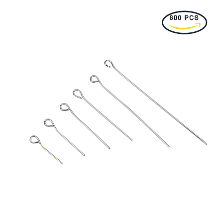 PandaHall Elite Length 16-50mm 6 Sizes Stainless Steel Eyepins Open Eye Pins Sets Lots for Bead Jewelry Making, about 600pcs/box