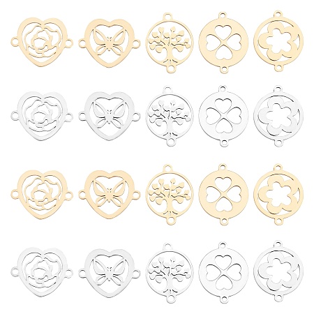 SUNNYCLUE 201 Stainless Steel Links Connectors, Laser Cut Links, Mixed Shapes, Golden & Stainless Steel Color, 20pcs/box