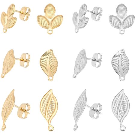 UNICRAFTALE About 24 Pieces 3 Styles Leaf Stud Earrings with Ear Nuts Hypoallergenic Earrings 0.7mm Pin Stainless Steel Stud Earring Findings for DIY Jewellery Making, Golden & Stainless Steel Color