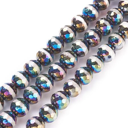 ARRICRAFT Electroplate Tibetan Style dZi Beads, Natural Agate Beads Strands, Round, Faceted, Colorful, 8mm, Hole: 1.2mm, about 47pcs/strand, 14.88 inch(37.8cm)