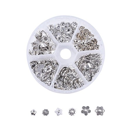 Arricraft 1 Box About 120pcs 6 Styles Antique Silver Flower Tibetan Alloy Bead Caps End Cap Bead Cover Assorted for Jewelry Making