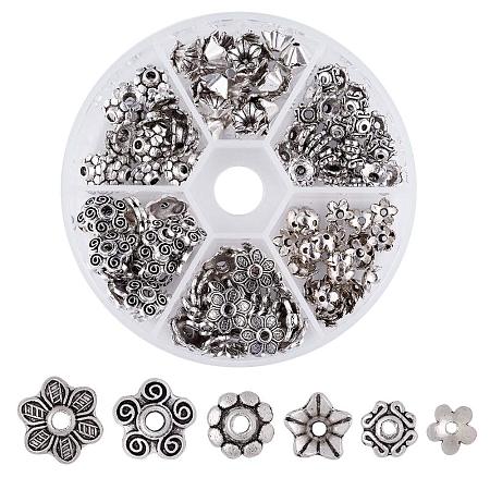 ARRICRAFT 1 Box Assorted 6 Different Shape Tibetan Style Alloy Flower Bead Caps for Jewelry Making Antique Silver