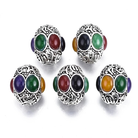 Tibetan Style Alloy Beads, with Dyed & Heated Glass, Cadmium Free & Lead Free, Oval, Antique Silver, 25x22mm, Hole: 3mm