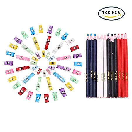 BENECREAT 138PCS Multipurpose Sewing Clips and Sewing Mark Chalk Pencils - 126PCS 3 Sizes Sewing Quilting Clips and 12PCS Water Soluble Pencil Tracing Tools for Tailor's Sewing Marking