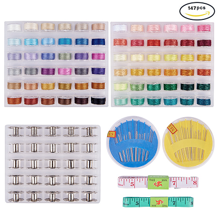 BENECREAT 72PCS Prewound Thread Bobbins and 25PCS Metal Bobbins with Container for Brother/Babylock/Janome/Elna/Singer, With 2 Pcs Measuring Tapes and 2 Boxes sewing needles