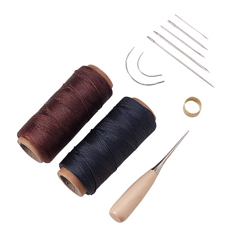 PandaHall Elite 7 Pieces Curved Upholstery Hand Sewing Needles Sewing Needles with Leather Waxed Thread Cord Drilling Awl and Thimble for Leather Repair