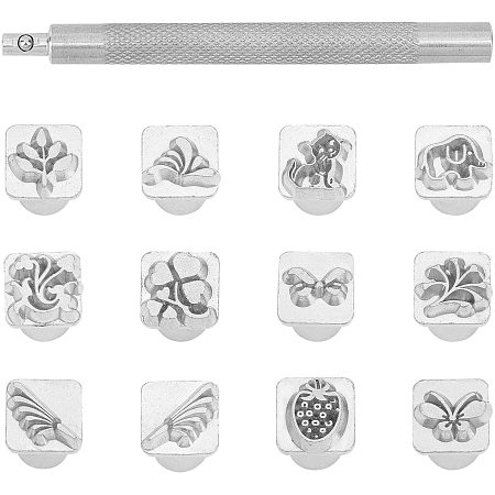 PandaHall Elite 12pcs 10mm Zinc Alloy Leathercraft Metal Animal Plant Theme Stamps Punch Set Tool with 1pc Handle for Leather Craft Belt Bag Craft DIY Jewelry Marking