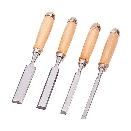 PandaHall Elite 4 pcs Carbon Steel Wood Chisel Sets with Wood Handle Sharp Woodworking Tools for DIY Craft Making, Burlywood