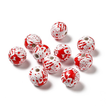 Halloween Theme Printed Natural Wooden Beads, Round with Bloody Hand Pattern, Red, 16x14.5mm, Hole: 3.5mm