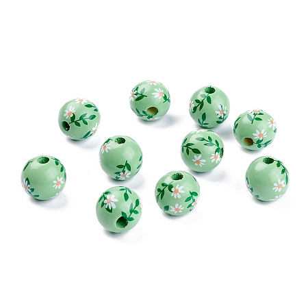 Honeyhandy Spray Painted Natural Wood Beads, Round with Flower Pettern, Green, 15.5mm, Hole: 3~5mm